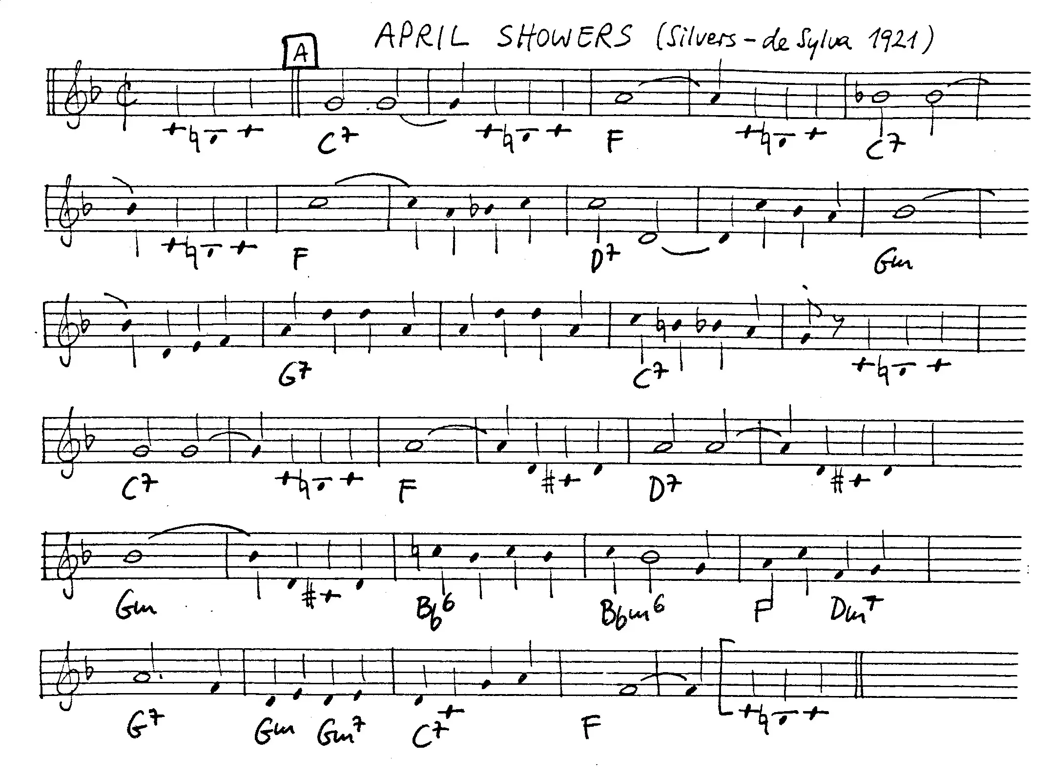 Free Jazz Leadsheet for april showers, F Major ,courtesy of The Jungle Jazz Band